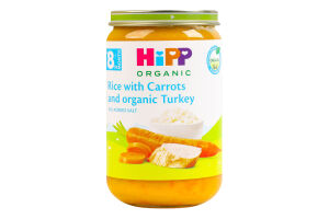 Пюре для детей от 8мес Рис с морковью и органической индейкой Organic Hipp с/б 220г