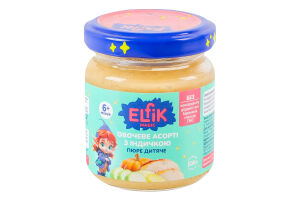Пюре для детей от 6мес гомогенизированное стерилизованное Овощное ассорти с индейкой Elfik Magic с/б 100г