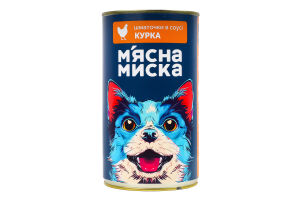 Корм консервований повнораціонний для дорослих собак Курка Шматочки в соусі М'ясна Миска з/б 1.24кг