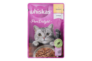 Корм консервований для дорослих котів повнораціонний З куркою в желе Pure Delight Whiskas д/п 85г