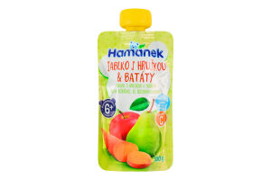 Пюре фруктово-овочеве для дітей від 6міс гомогенізоване Яблуко з грушею та бататом Hamanek д/п 100г