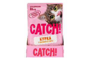 Корм влажный полнорационный для взрослых котов с курицей и овощами в соусе Catch! д/п 85г