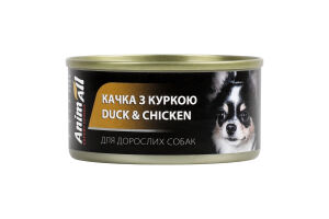 Корм консервированный для взрослых собак Утка с курицей AnimAll ж/б 85г