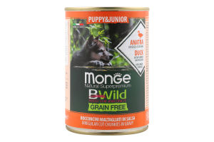 Корм консервированный полнорационный для щенков Утка-тыква-цукини BWild Natural superpremium Monge ж/б 400г