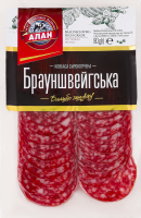 Колбаса нарезка Брауншвейгская Алан с/к в/с в/у 0.08кг