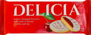 Печенье сдобное сбивное в молочной глазури со вкусом вишни Delicia м/у 135г