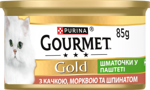 Корм консервований для дорослих котів з качкою, морквою та шпинатом Шматочки у паштеті Gold Gourmet з/б 85г
