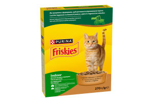 Корм сухой полнорационный для взрослых котов с курицей, индейкой и овощами Indoor Friskies к/у 270г