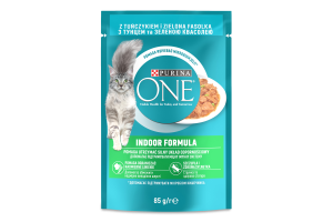 Корм консервированный для взрослых котов в помещении с тунцом и зеленой фасолью Кусочки в соусе Purina One д/п 85г