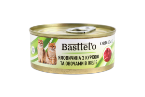 Корм консервований повнораціонний для котів Яловичина з куркою та овочами в желе Original Basttet`o з/б 85г