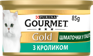 Корм консервированный полнорационный для взрослых котов с кроликом Кусочки в паштете Gold Gourmet ж/б 85г