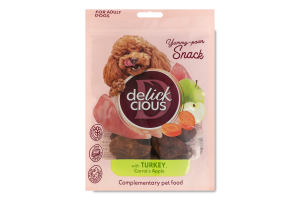 Корм дополнительный для собак С индейкой, морковью и яблоком Сушеные снеки Delickcious д/п 80г