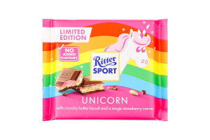 Шоколад Unicorn молочний з начинкою з полуничним смаком та печивом 100г Ritter Sport