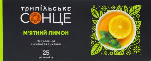 Чай зелений байховий дрібний з м'ятою та ароматом лимона М'ятний лимон Трипільське Сонце к/у 25х1.5г