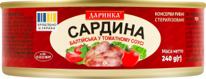 Сардина балтийская стерилизованная в томатном соусе Даринка ж/б 240г