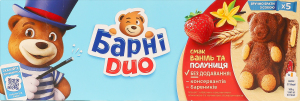 Тістечко бісквітне з яблучно-полуничною начинкою та начинкою зі смаком ванілі Duo Барні к/у 5х30г
