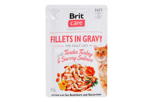 Корм вологий для дорослих котів Fillets in Gravy with Tender Turkey&Savory Salmon Care Brit д/п 85г