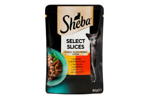 Корм консервований повнораціонний для дорослих котів з куркою та яловичиною в соусі Відбірні шматочки Sheba д/п 85г