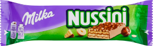 Вафля с начинкой с фундуком и какао усыпанная измельченным фундуком и покрытая молочным шоколадом Nussini Milka м/у 31г