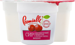 Сир кисломолочний зернистий з наповнювачем Вишня 7% 150г стакан Преміалле