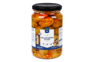 Оливки зеленые без косточек обжаренные на гриле в маринаде с овощами и пряностями пастеризованные Metro Chef с/б 320г