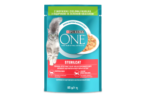 Корм консервований для стерилізованих котів з індичкою та зеленою квасолею Шматочки в соусі Purina One д/п 85г