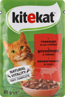 Корм консервированный полнорационный для взрослых котов C говядиной в соусе Kitekat д/п 85г