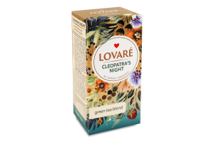 Чай зелений байховий дрібний з фруктами, пелюстками квітів та ароматом малини Cleopatra's night Lovare к/у 24х1.5г