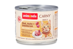 Корм д/котів з яловичиною куркою та качиними серцями 200г ж/б Карні