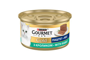 Корм консервированный полнорационный для взрослых котов с кроликом Паштет Gold Gourmet ж/б 85г