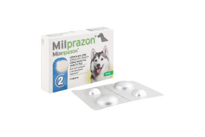Таблетки д/собак більше 5кг від гельмінтів з смаком м"яса 2шт Мілпразон