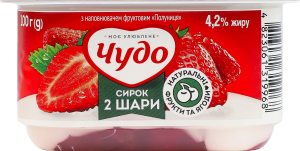 Творожок 4.2% взбитый с наполнителем фруктовым двухслойный Клубника Чудо ст 100г