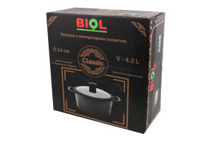 Каструля Classic 4,2л антипригарне покриття індукційне дно з скляною кришкою 24см Biol