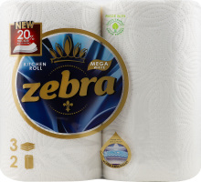 Рушники папер. Zebra Mega 2 рулона по 125 арк., 28,7 м, 3-х шар. И142 (Болгарія)