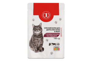 Корм консервированный полнорационный в желе для взрослых котов С говядиной и сердцем ТМ "1" д/п 100г