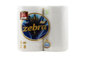 Рушники папер. Zebra Mega 2 рулона по 125 арк., 28,7 м, 3-х шар. И142 (Болгарія)