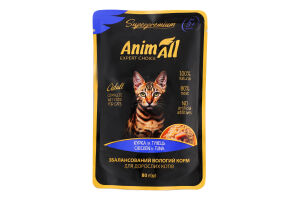 Корм д/дорослих котів Тунець з куркою 80г пауч AnimAll