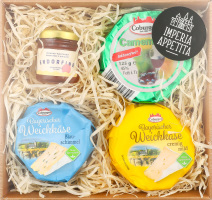 Набір Тріо чіз Сир Брі 60% 125г Кьор де Ліон+Сир Камамбер 45% 125гКобургер+Сир Баварський Блю 24,5% 150г Кобургер+Конфітюр 45г Бонн Маман