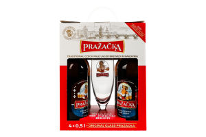Набор подарочный Пиво 4х0.5л 4% светлое фильтрованное пастеризованное + бокал 0.3л Prazacka к/у