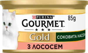 Корм консервированный полнорационный для взрослых котов с лососем Сочное наслаждение Gold Gourmet ж/б 85г