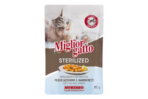 Корм д/стерилізованих котів Migliorgatto беззерновий шматочки риби та креветок в желе 85г пауч Morando
