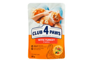 Корм консервований повнораціонний для дорослих котів З індичкою в соусі Premium Club 4 Paws д/п 85г