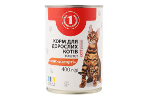 Корм консервированный для взрослых котов Мясное ассорти Паштет ТМ "1" ж/б 400г