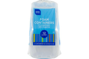 Smart Sense Foam Containers 3 Compartment With Hinged Lids 8 1/2 IN - 12 CT
