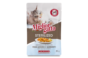 Корм д/стерилізованих котів Migliorgatto беззерновий шматочки риби та креветок в желе 85г пауч Morando