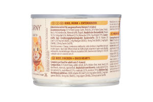 Корм д/котів з яловичиною куркою та качиними серцями 200г ж/б Карні