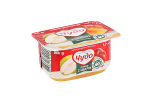 Творожок 4.2% взбитый с наполнителем фруктовым двухслойный Персик-груша Чудо ст 100г