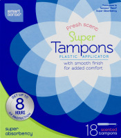 Smart Sense Super Tampons Plastic Applicator Super Absorbency Fresh Scent - 18 CT