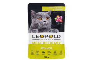 Корм консервований для дорослих котів М'ясний делікатес з телятиною Premium Leopold д/п 100г