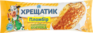 Мороженое 12% пломбир с вафельной крошкой в ​​кондитерской глазури со вкусом карамели Пломбирная коровка Хрещатик м/у 75г